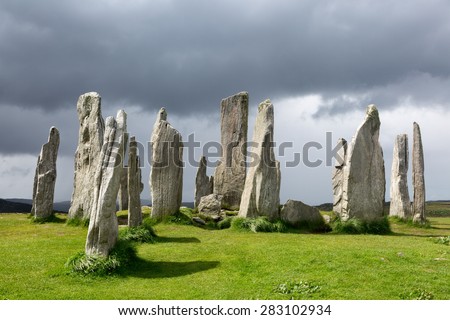Megalithic stone circle of 3000 bc on the Isle of Lewis and Harris, Outer Hebrides, Scotland in evening light