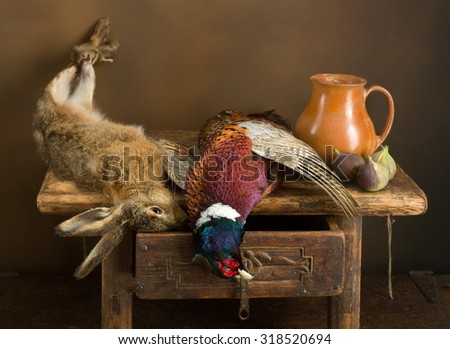 Antique old master hunting still life with pheasant and hare