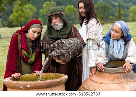 Biblical scene play of the miracle of transformation of water into wine