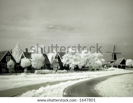 Infrared photo of Dutch houses, trees and a windmill
