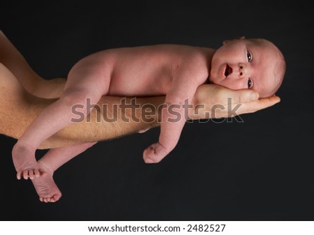 Little baby of 15 days old, well awake and lying on his dad\'s arms