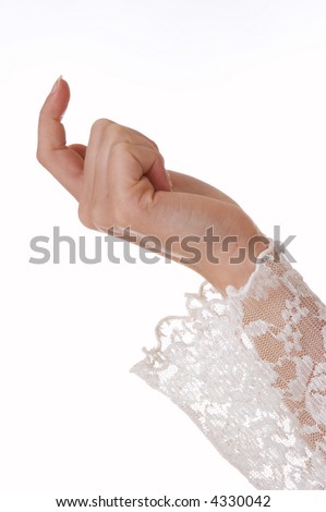 Female hand in lace sleeve beckoning with her finger