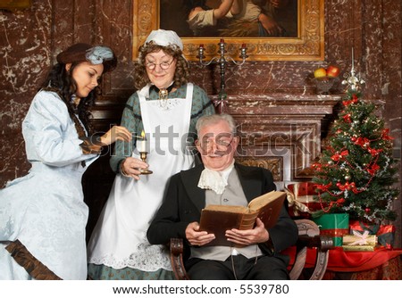 Vintage Christmas Scene Of A Victorian Family. Shot In The Antique ...