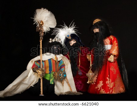 Three wise men with their gifts, figures of the christmas stable, handmade by a teenager