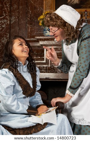 Vintage scene of two victorian women gossiping Shot in the antique castle \