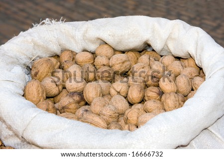 Jute bag filled with fresh walnuts on a French market