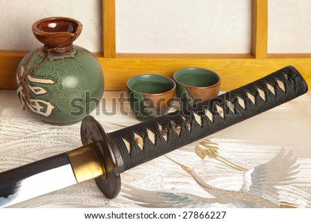 Detail of a samurai sword in a japanese interior