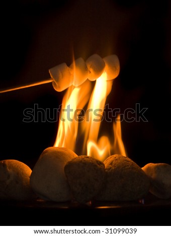 Stick with four marshmallows held above burning fire