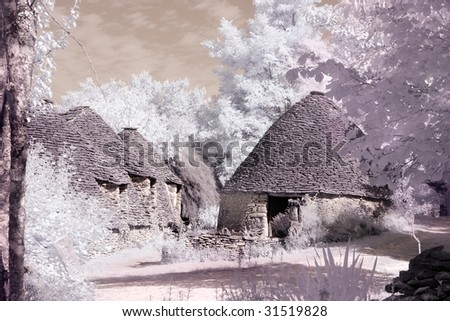 Infrared photo of prehistoric huts in southern france; Dordogne region