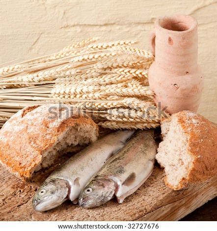 Wine, wheat, bread and fish as symbols of religion