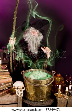 Evil sorcerer casting a spell on green poison soup