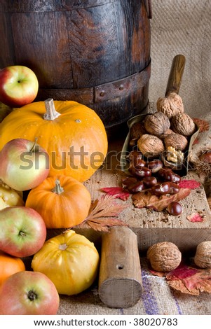 Plenty of autumn food on an antique wooden board