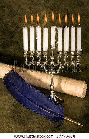 Jewish hanukkah candle-holder, scroll and blue quill