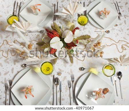 stock photo Elegant Christmas or Wedding table with flower arrangement and
