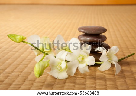 Zen stones and orchids on a traditional japanese tatami mat