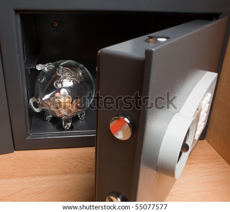 Money in a piggy bank in a security safe