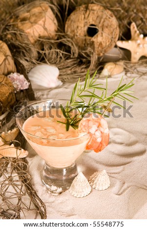 Seafood cocktail on a fishing net background