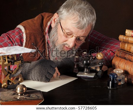 Vintage scene of an old man working in an antique office