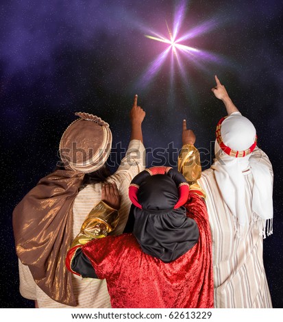 stock photo : Wisemen Caspar Melchior and Balthasar following the star of Bethlehem