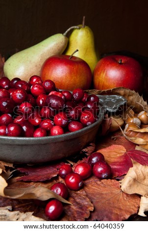 Thanksgiving still-life with cranberries, autumn leaves, apples and nuts