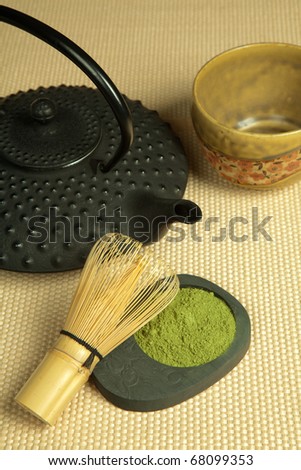 Green tea and Japanese wire whisk made of bamboo for tea ceremony