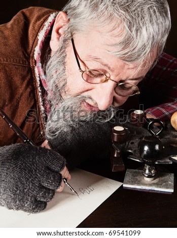 Vintage scene of an old man working in an antique office