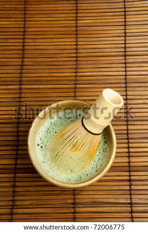 Bamboo wire whisk for zen tea ceremony with green powder tea