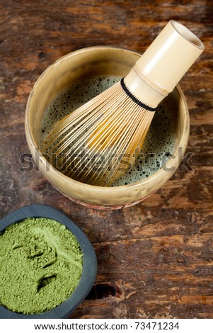 Bamboo wire whisk for zen tea ceremony with green powder tea