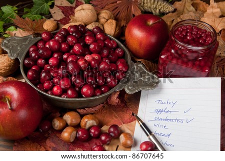 Thanksgiving shopping list with cranberries, apples and nuts