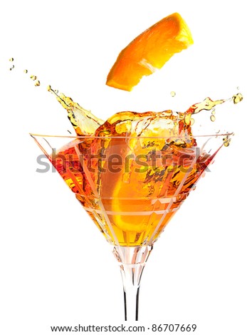 Slices of orange causing splashes in a cocktail