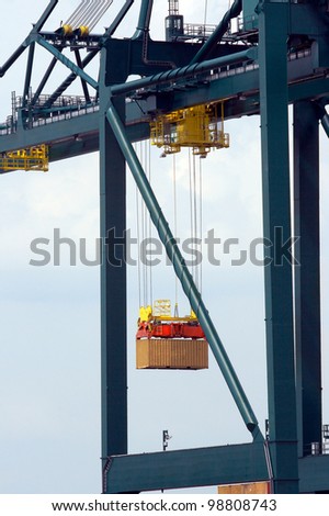 Loading of a containership in Antwerp port with containers to be shipped worldwide  - all logos and brand names removed