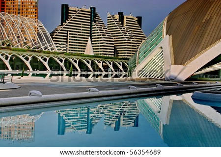 Valencia. The new city. Buildings of exceptional form about water body.