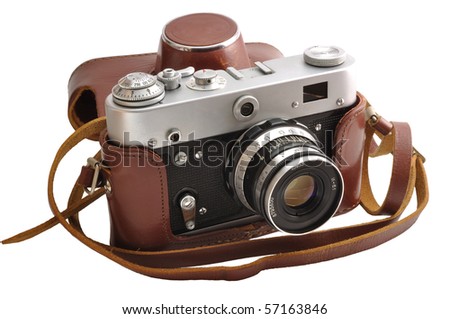  Fashioned Cameras on Photo   Isolated Used Old Fashioned Film Photo Camera In Leather Case