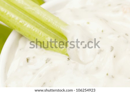 Organic Crunchy Celery and ranch dip on a background