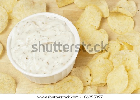 Fresh Potato Chips with Ranch Dip on a background