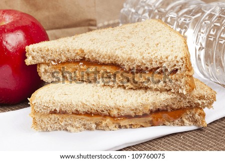 Peanut Butter and Jelly Sack Lunch with water and apple