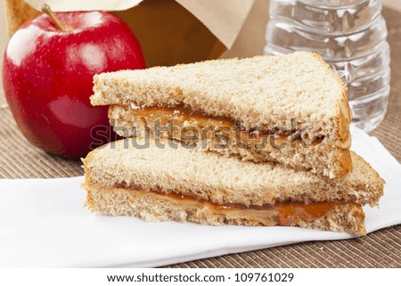 Peanut Butter and Jelly Sack Lunch with water and apple