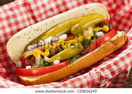 Chicago Style Hot Dog with Mustard, Pickle, Tomato, Relish and Onion