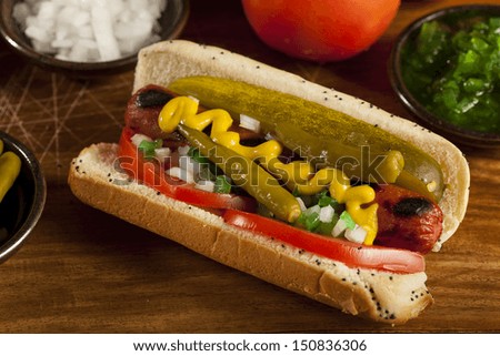 Chicago Style Hot Dog with Mustard, Pickle, Tomato, Relish and Onion