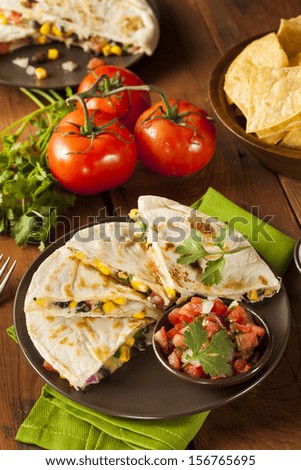 Homemade Cheese and Bean Quesadilla with Corn and Salsa