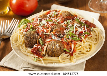Homemade Spaghetti and Meatballs Pasta with Basil and Marinara
