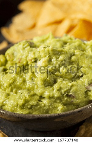 Green Homemade Guacamole with Tortilla Chips and Salsa