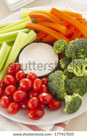 Organic Raw Vegetables with Ranch Dip with Tomatoes, Celery, Brocolli, and Carrots