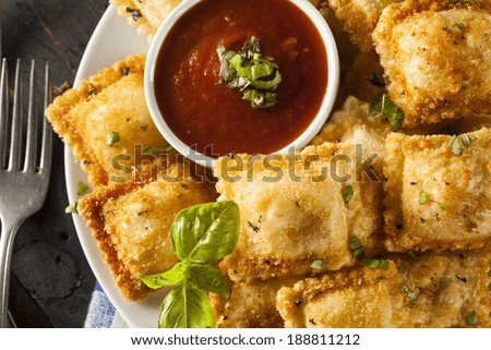 Homemade Fried Ravioli with Marinara Sauce and Basil
