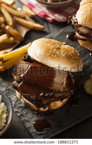 Smoked Barbecue Brisket Sandwich with Coleslaw and Bake Beans