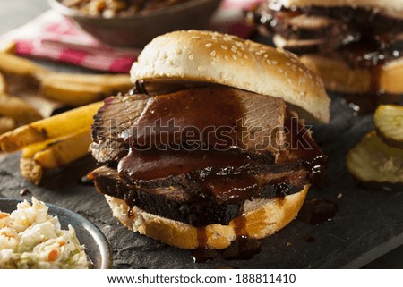 Smoked Barbecue Brisket Sandwich with Coleslaw and Bake Beans