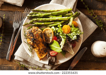 Homemade Lemon and Herb Chicken with Salad and Asparagus