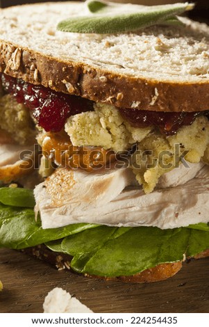 Homemade Leftover Thanksgiving Dinner Turkey Sandwich with Cranberries and Stuffing