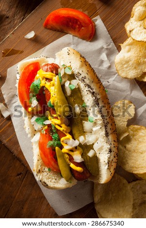 Homemade Chicago Style Hot Dog with Mustard Relish Tomato and Onion
