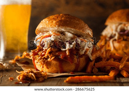 Homemade Pulled Chicken Sandwich with Coleslaw and Fries